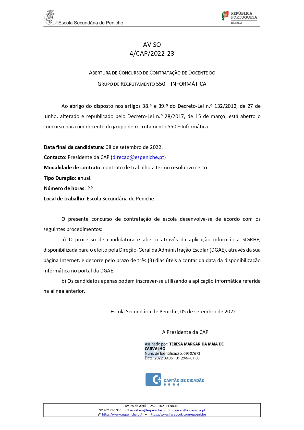 Aviso n.º 4 CAP 2022 23 Abertura Concurso Informática 550 signed